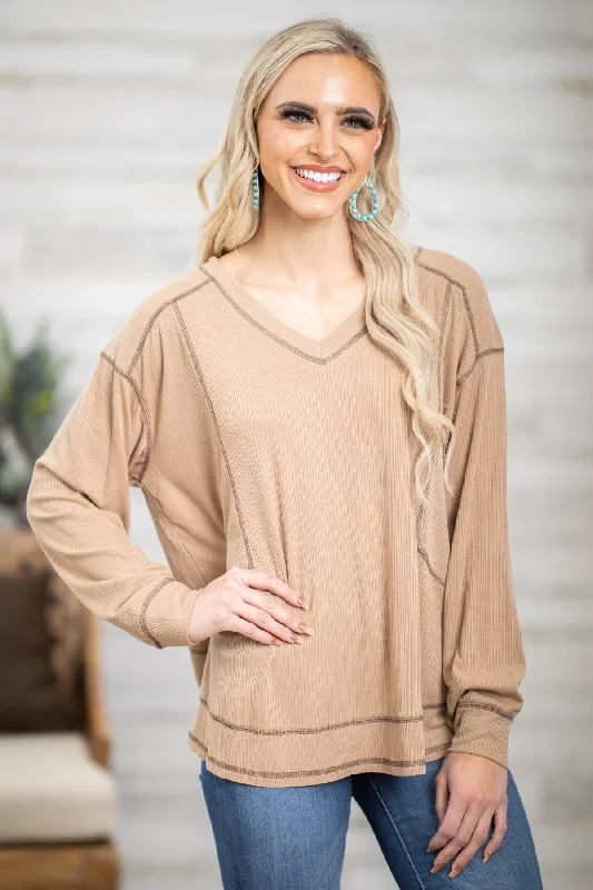 taupe-contrast-seam-v-neck-top