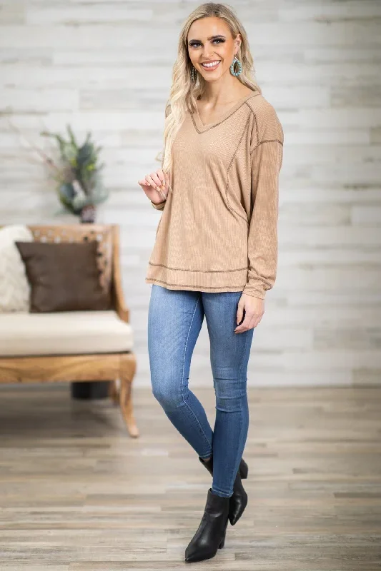 taupe-contrast-seam-v-neck-top