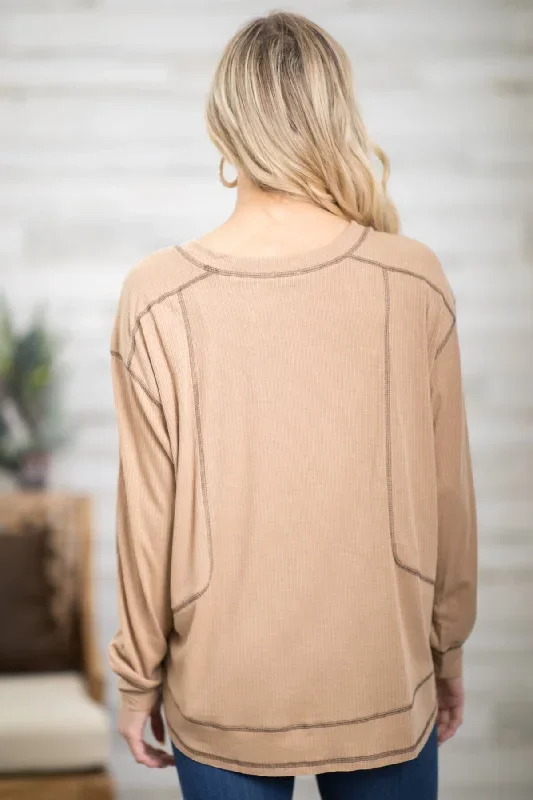 taupe-contrast-seam-v-neck-top