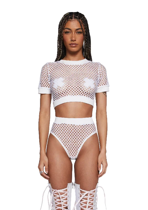 Techno Fantasy Fishnet Crop Top - White