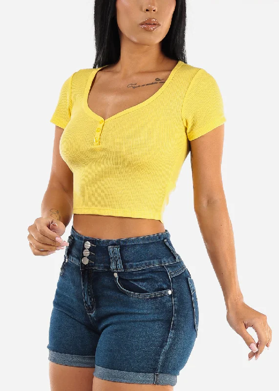 Thermal Short Sleeve Vneck Crop Top Yellow