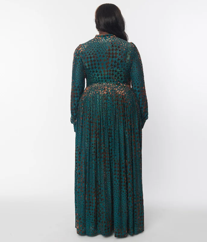 unique-vintage-teal-houndstooth-burnout-velvet-house-duster