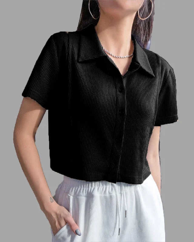 V Neck Button Down Collar Short Sleeve Black Crop Top