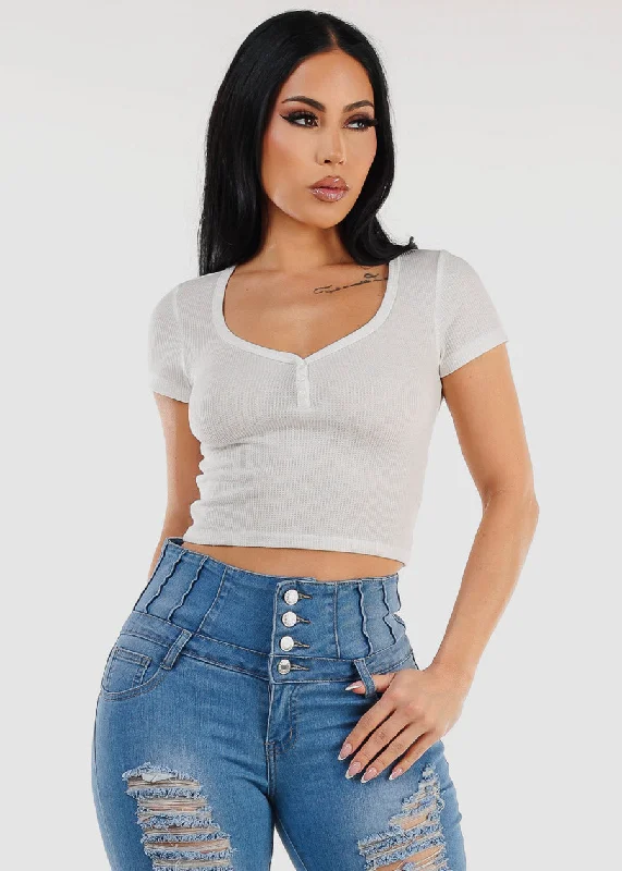 White Thermal Short Sleeve Vneck Crop Top