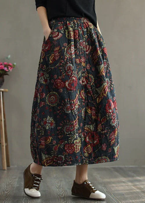 women-black-texture-elastic-waist-patchwork-print-fine-cotton-filled-skirt-winter