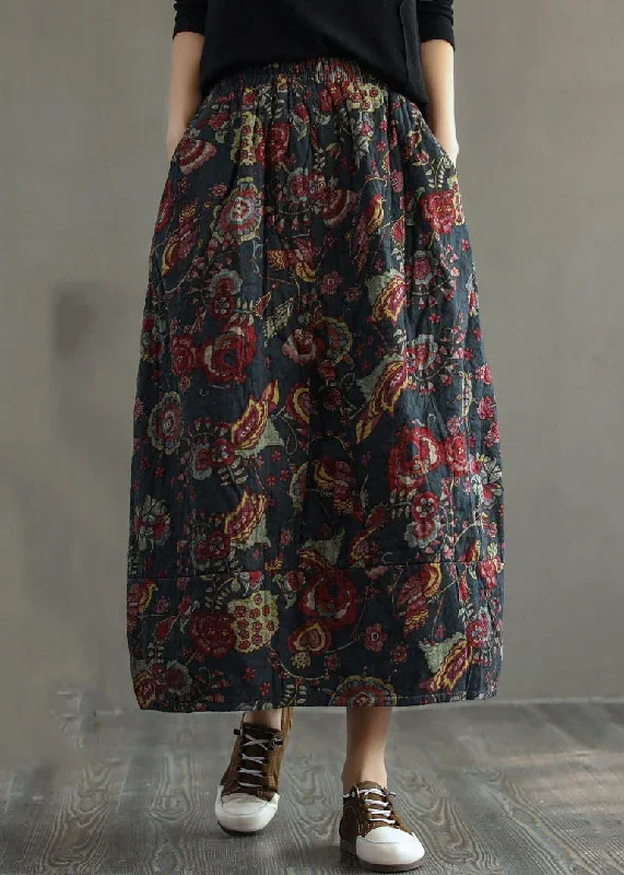 women-black-texture-elastic-waist-patchwork-print-fine-cotton-filled-skirt-winter