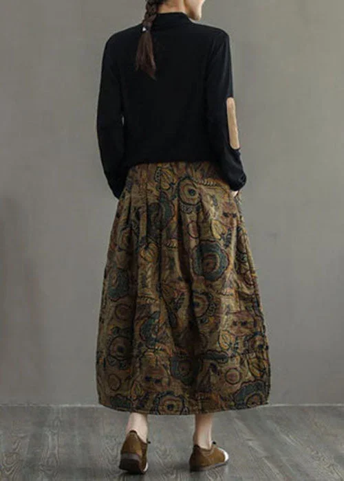 women-black-texture-elastic-waist-patchwork-print-fine-cotton-filled-skirt-winter