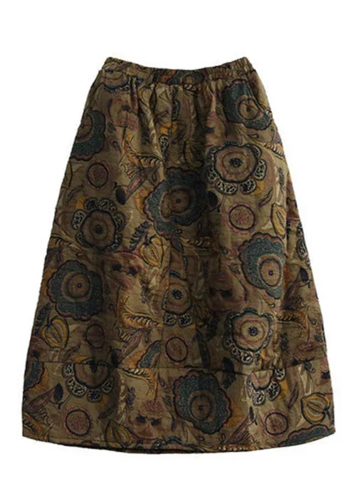 women-black-texture-elastic-waist-patchwork-print-fine-cotton-filled-skirt-winter