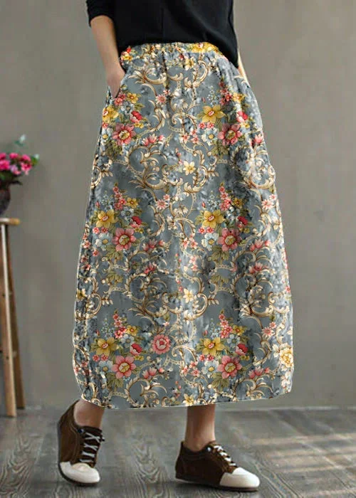 women-black-texture-elastic-waist-patchwork-print-fine-cotton-filled-skirt-winter