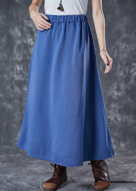 women-blue-elastic-waist-cotton-a-line-skirts-fall